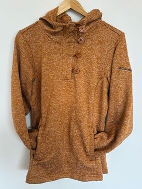 Columbia Women's Pullover Hoodie Brown Knit Button Front Hooded Size M Casual